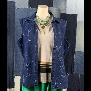 Vintage Abstract Button Down Denim Vest Sz 1X